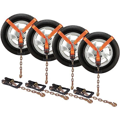 VEVOR Car Tie Down with Chain Anchors, Lasso Style 2"×120" Tire Straps, 5865 LBS Working Load, 11023 LBS Breaking Strength, with Heavy Duty Ratchets for Passenger Car, ATV, SUV, UTV, Truck, 4-Pack - style: Lasso-Style with Heavy Duty Hook
