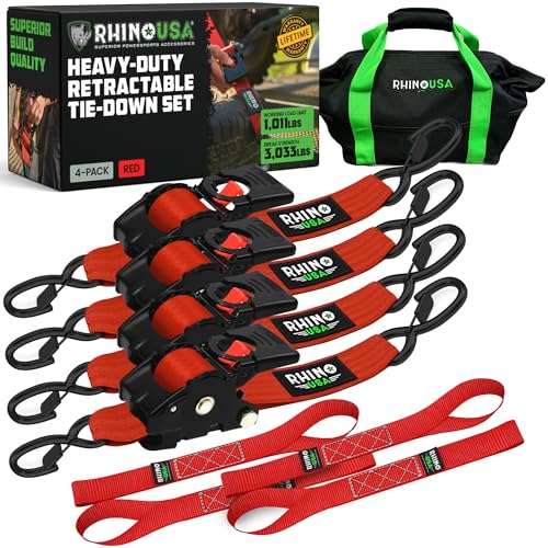 Rhino USA Retractable Ratchet Straps (4-Pack) - 2 Inch x 10 Feet (3,033lb Break Strength) - Heavy Duty Auto Self Retracting Tie Down Straps for Truck, Cargo Trailer, Motorcycle, Rad & More - Red - color: Red, size: 4PK