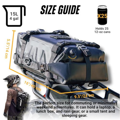 Odinsberg 15L 100% Waterproof Motorcycle Tail Bag – All in one Dry Bag Saddlebag Pannier Backpack Luggage for Sissy Bar Rear Rack and Seat for Motorcycle Dirt Bike Bag ATV ADV - size: 15L/M