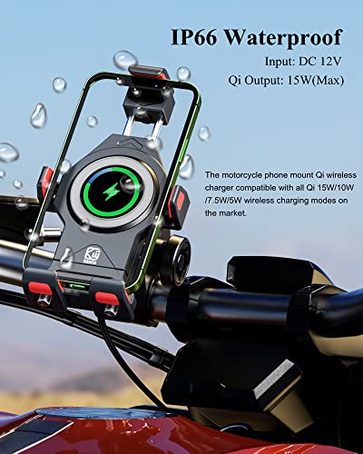 BRCOVAN Aluminum Alloy Motorcycle Phone Mount with Qi 15W Wireless Charger | with Vibration Dampener, Waterproof Anti-Theft Motorcycle Handlebar Cellphone Holder, Adjustable Fit 4.7''-7.2'' Smartphones - color: BLACK
