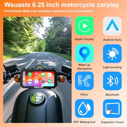 6.25" Motorcycle CarPlay Screen, Android Auto, Motorcycle GPS Navigation System, HD IPS Touchscreen Display, Bluetooth, Voice Control, IP67 Waterproof, Universal Metal Mount for Motorcycles - size: 6.25inch+Mout