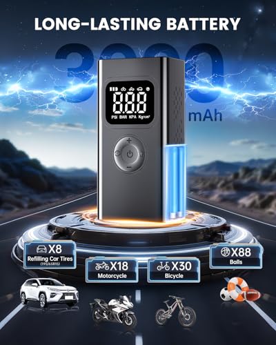 portable air compressor,150PSI air pump for car tires for Car-3X Faster Tire Pump for SUV, Motorcycle, Balls and Bicycle Built-in digital pressure gauge, LED emergency warning light