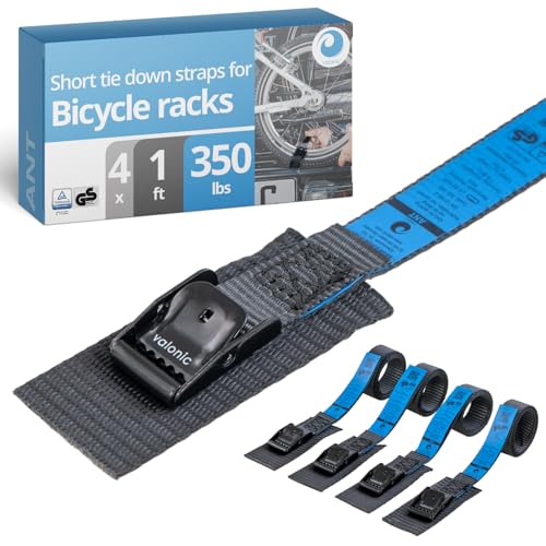 valonic ANT - Short Lashing Strap, Padded, 4 Pieces, 1 ft, 350lbs Breaking Strength, cam Buckle, Black - tie Down Straps for Bike Rack - size: 1.1 FT