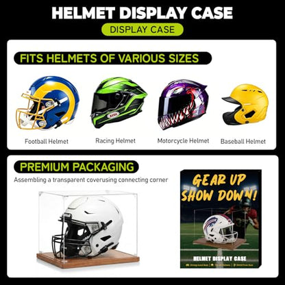 Football Helmet Display Case, Full Size Acrylic Baseball Motorcycle Helmet Showcase, UV Protection Collectibles and Souvenirs Box with Solid Wood Base and Stand, Ideal Gift for Sports Fans - size: 17.2ln×13.4ln×1.5