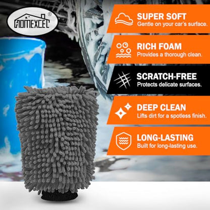 HOMEXCEL Car Wash Mitt, 2PK Chenille Microfiber Wash Mitt, Scratch-Free & Lint-Free, Rich Foam, Highly Absorbent, Double Sided, Perfect for Car Washing and Detailing, 10.2" x 6.7 ", Grey - color: Grey
