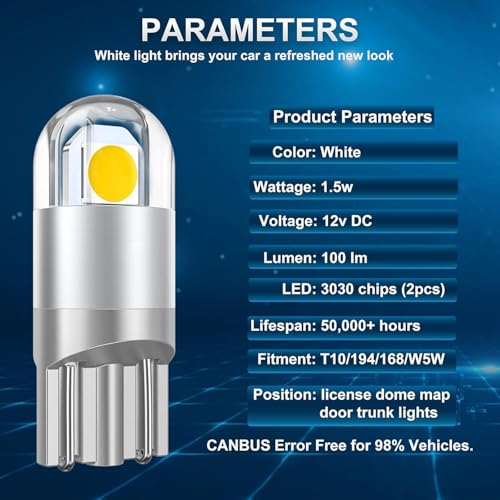 194 Led Car Bulb 3030 Chipset 2SMD T10 194 168 W5W Led Wedge Light Bulb 1.5W 12V License Plate Courtesy Step Map Lights Trunk Lamp Clearance Lights (12pcs) - color: White