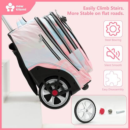 NEW TILAMI 20" Rolling Backpack for Teens Adults, Climbing Stairs Waterproof Backpack with Wheels for School Business Trave Camping with Laptop Compartment, Fit 17 Inch Laptop, Pink Dawn - color: Pink Dawn