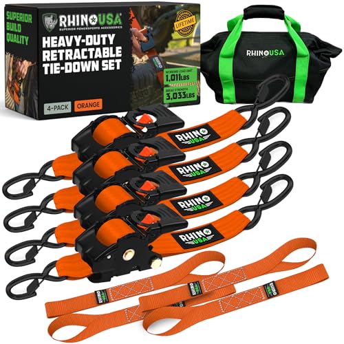 Rhino USA Retractable Ratchet Straps (4-Pack) - 2 Inch x 10 Feet (3,033lb Break Strength) - Heavy Duty Auto Self Retracting Tie Down Straps for Truck, Cargo Trailer, Motorcycle, Rad & More - Orange - color: Orange, size: 4PK