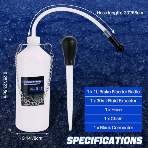 DASBET 1L Brake Bleeder Bottle & 30ml Fluid Extractor | Universal Brake Fluid Bleeding Tool with 23 inch Hose and Rubber Connector for Collect Brake Fluid for Car, Motorcycle, and ATV