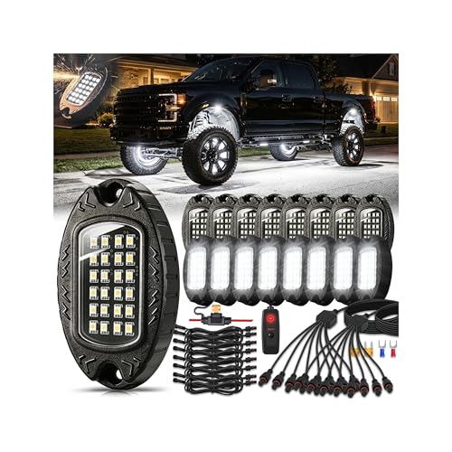16Pods Metal Pure White LED Rock Lights Kit 6500K for Truck Pickup Offroad | Aluminum Housing, Plug-and-Play & Pre Wired, Switch Wiring Harness Extension Fuse, 384Chips Waterproof 12V, Pure Copper Wire - color: Pure White 24LEDs, size: 16Pods