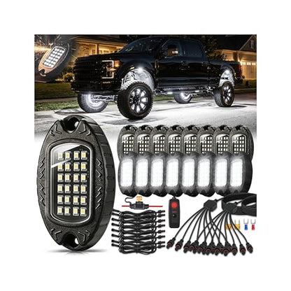 16Pods Metal Pure White LED Rock Lights Kit 6500K for Truck Pickup Offroad | Aluminum Housing, Plug-and-Play & Pre Wired, Switch Wiring Harness Extension Fuse, 384Chips Waterproof 12V, Pure Copper Wire - color: Pure White 24LEDs, size: 16Pods
