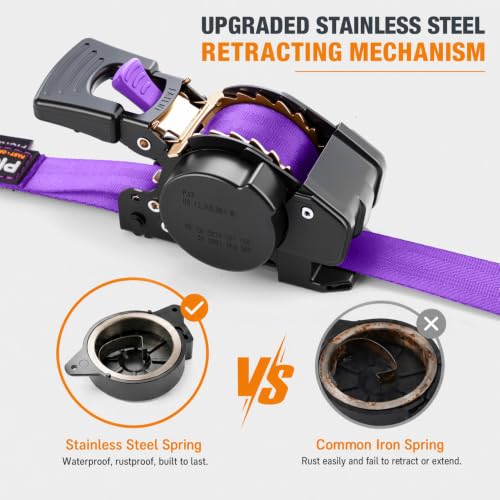 Retractable Ratchet Straps (4-Pack) - 1 Inch x 10 Feet (1,764lb Break Strength) - Heavy Duty Auto Self Retracting Tie Down Straps for Truck, Cargo Trailer, Motorcycle, ATV, UTV – Purple - color: Purple