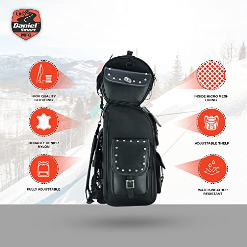Daniel Smart Multi Pockets Biker Sissy Bar Bag - Included All Weather Protection Rain Cover - Motorcycle Touring Bag - Black - color: Studs