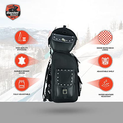 Daniel Smart Multi Pockets Biker Sissy Bar Bag - Included All Weather Protection Rain Cover - Motorcycle Touring Bag - Black - color: Studs
