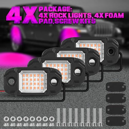 4 Pods Purple Rock Lights 24 LEDs Chips Waterproof Neon Trail Rig Lamp Underglow Light for Car Truck Motorcycle SUV ATV UTV - color: Purple