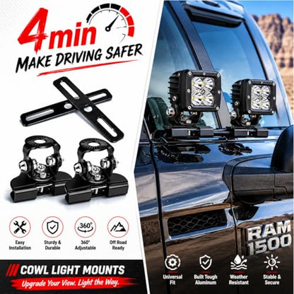 LED Hood Mounts A-Pillar Ditch Light Holder Extension Universal | Universal Steel Cowl Pod Light Mount Extension for Ditch Light Brackets Led Light Bar Mounting Brackets 304 Stainless Steel - color: Mounting Brackets + 2PCS Bracket Extensions