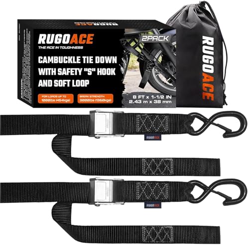 2PK 1.5" x 8FT Motorcycle Tie Down Straps, 3,000lb Break Strength, Heavy Duty Cambuckle, Safety S-Hooks & Soft Loops for Dirt Bike, ATV, UTV, Boat, and Kayak, Durable and Easy to Use, Black - color: Black