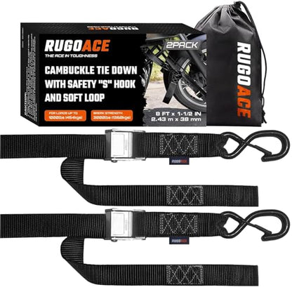 2PK 1.5" x 8FT Motorcycle Tie Down Straps, 3,000lb Break Strength, Heavy Duty Cambuckle, Safety S-Hooks & Soft Loops for Dirt Bike, ATV, UTV, Boat, and Kayak, Durable and Easy to Use, Black - color: Black