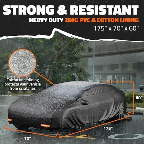 Mockins 175"x70"x60" XS Sedan Car Cover Waterproof All Weather Protector | Heavy Duty 250G PVC & Cotton Lined Car Covers for Automobiles | Windproof Full Exterior Covers w/ Buckle Strap & Reflectors - size: Sedan - X-Small - 175"x70"x60"