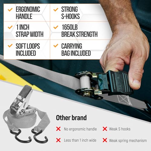 FORTEM Ratchet Straps, Tie Down Strap Set 1650lb Break Strength, 4 Pack 15ft x 1in, 4 Soft Loops, Moving Straps Tie Downs, Cargo Cam Buckles for Trucks, Carry Bag, for Men - color: Grey