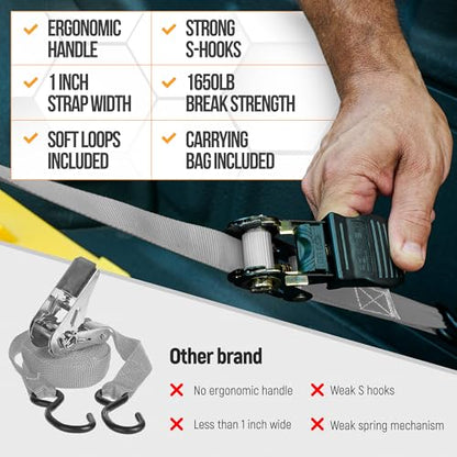FORTEM Ratchet Straps, Tie Down Strap Set 1650lb Break Strength, 4 Pack 15ft x 1in, 4 Soft Loops, Moving Straps Tie Downs, Cargo Cam Buckles for Trucks, Carry Bag, for Men - color: Grey