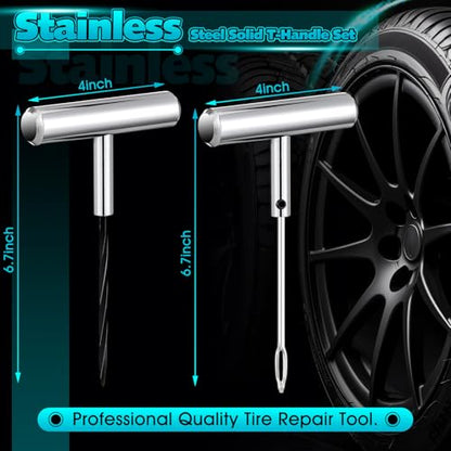 Saillong Tire Plug Tool Heavy Duty Plug Kit Stainless Steel T Handle Set Spiral Probe and Split Eye Needle Tire Repair Set for Automobiles Motorcycles Bicycles Car Truck
