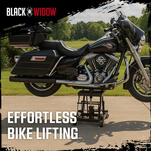 Black Widow Motorcycle and ATV Lift Jack Stand, Hydraulic Operation for Garage Storage and Lifting Vehicles up to 1,500 Pounds, Black