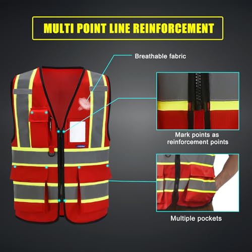 AYKRM Security Vest for Men Women 7 Pockets High Visibility Reflective Safety Vest Front Zipper Meets ANSI/ISEA - color: Red-ems, size: 3X-Large