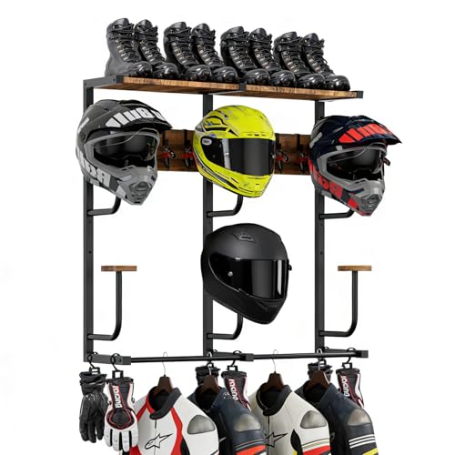 6-in-1 Motorcycle Helmet Rack with Hooks & Shelves, Helmet Wall Mounted Organizer for 6 Helmets, Gear & Accessories, Heavy-Duty Storage for Garage & Entryway - size: Large