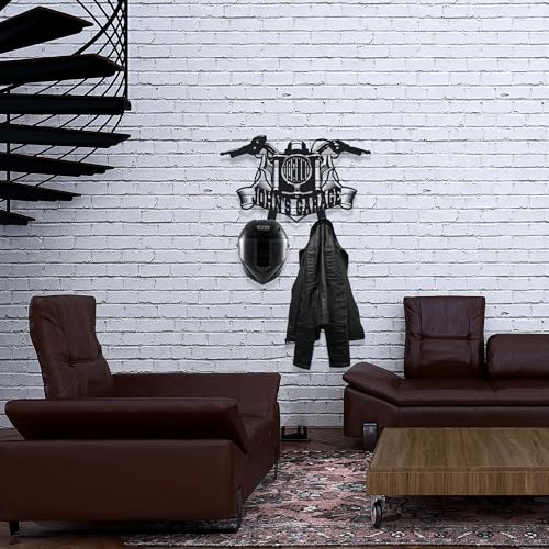 Personalized Metal Motorcycle Wall Hanger – Custom “Your Name Garage” Helmet and Jacket Rack – Handmade Black Steel Wall Art for Bikers and Motorcycle Lovers (89X60cm/35X23 Inches) - size: 89X60cm/35X23 Inches