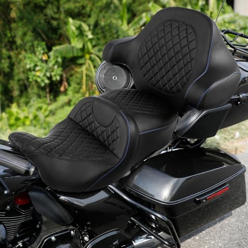 CC RIDER Gel Seat Driver Passenger Seat+ King/Chopped Trunk Backrest Pad Fit For Harley 2014-2023 Touring Street Glide Road Glide Electra Glide CVO,Diamond Stitching - color: 04# Gel Blue+ Tour Trunk Backrest
