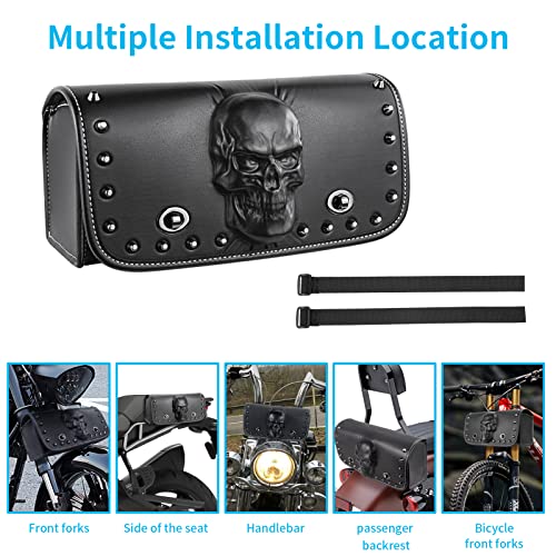 Universal Motorcycle 3D Skull Tool SaddleBags Front Fork Handlebar Bag PU Leather Sissybar Storage Pouch Compatible with Harley Dyna Scooter Softail Sportster Road King Kawasaki Suzuki