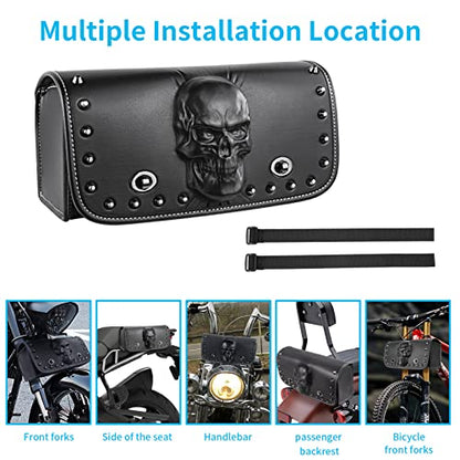 Universal Motorcycle 3D Skull Tool SaddleBags Front Fork Handlebar Bag PU Leather Sissybar Storage Pouch Compatible with Harley Dyna Scooter Softail Sportster Road King Kawasaki Suzuki