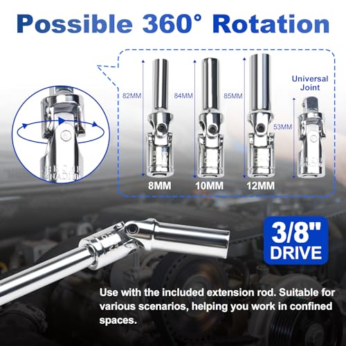 LainKeen Magnetic Spark Plug Socket Set 15PCS, CR-V Thin Wall Socket 3/4" 13/16" 14mm 16mm 18mm with T-Shaped Extension Bar, Universal Joint, Spark Plug Gapper, 8-12mm Glow Plug Removal Tool