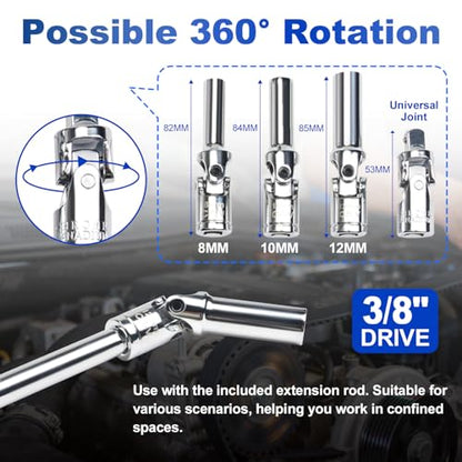 LainKeen Magnetic Spark Plug Socket Set 15PCS, CR-V Thin Wall Socket 3/4" 13/16" 14mm 16mm 18mm with T-Shaped Extension Bar, Universal Joint, Spark Plug Gapper, 8-12mm Glow Plug Removal Tool