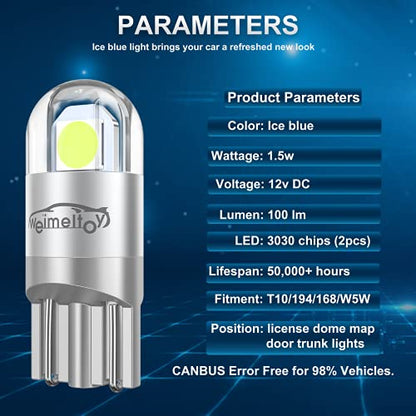 194 LED Car Bulb Ice Blue 3030 Chipset 2SMD T10 194 168 W5W LED Wedge Light Bulb 1.5W 12V License Plate Light Courtesy Step LightTrunk Lamp Clearance Lights (12pcs/pack)… - color: Ice Blue