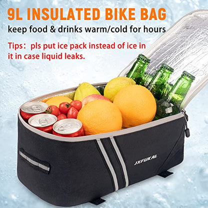 JXFUKAL Rear Bike Rack Bag with Rain Cover, 7L/9L/10L/12L Waterproof Bicycle Ebike Saddle Bag Cycling Pannier Trunk Carrier with Reflector & Adjustable Cord for Commuter Travel Outdoor - style: With Insulation Inner- 9l