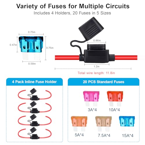 Anyongora 4 Pack 16AWG Inline Fuse Holder, Waterproof Precision 12V/24V Automotive Fuse Holder Kit with 20pcs ATC/ATO Fuses (3A-15A), Tinned Copper Wire for Dash Cam GPS