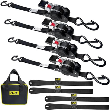 KJE Retractable Ratchet Straps, (4) 1" x 10' Tie Down Strap + (4) Soft Loop - Heavy Duty 1,650lb Max Break Strength, S-Hook with Clip, Self Retracting Ratchet Strap for Motorcycle, Kayak, ATVs, Boats