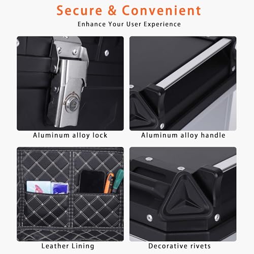 Motorcycle Top Case 57L Trunk Tail Box Bag Aluminum alloy handle With Leather Lining Anti-Theft With Lock And Back Cushion Waterproof Dustproof Easy Installation With Universal Bracket Silver - color: Silver（57L-Single Lock）