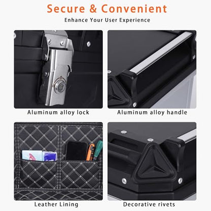 Motorcycle Top Case 57L Trunk Tail Box Bag Aluminum alloy handle with Leather Lining Anti-Theft with Lock & Back Cushion Waterproof Dustproof Easy Installation with Universal Bracket Black - color: Black（57L-Single Lock）