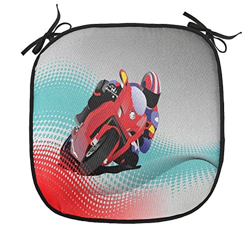 Lunarable Motorcycle Chair Cushion Pad, Biker on Road Digital Dot Background Fast Extreme Risky Leisure Graphic Work, Seat Padding for Kitchen & Patio with Anti-Slip Backing, 16"x16", Red Grey Blue - color: Red Grey Blue, size: Pack of 1