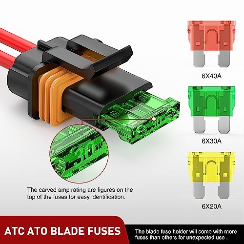 Nilight 6pcs Inline Fuse Holder 12AWG Waterproof ATC/ATO Blade Holder 20A 30A 40A Regular Heavy Duty in Line w/Cover Fits 1A to 30A Fuses for 12V Automotive Vehicles - color: 18Pcs Fuses + 12AWG Holder 6