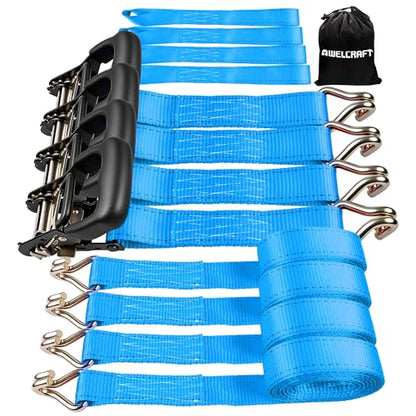 AWELCRAFT Ratchet Straps Heavy Duty 4 Pack,4500lbs Breaking Strength,1.5in×15ft Tie Down Ratcheting Strap with Padded Handles, Double J Hooks & Soft Loops for Motorcycle,Trailer & Trucks (Blue) - color: Blue