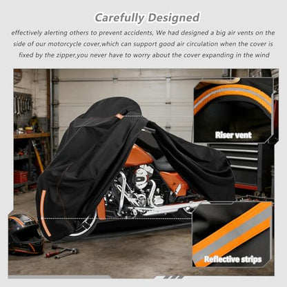 Full Enclosed Motorcycle Cover Waterproof,Heavy Duty 600D Oxford Outdoor Indoor Motorcycle Full Cover with All-Round Enclosed Zipper and Reflective Strips,Fits Most Heavy Duty Scooter Moped Motorcycle - size: 96" W x 43" D x 56" H