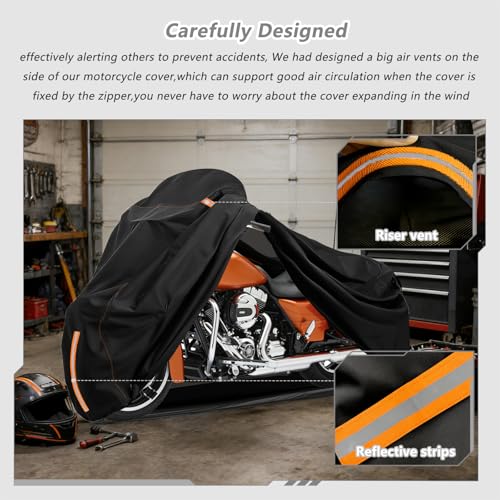 Full Enclosed Motorcycle Cover Waterproof,Heavy Duty 600D Oxford Outdoor Indoor Motorcycle Full Cover with All-Round Enclosed Zipper and Reflective Strips,Fits Most Heavy Duty Scooter Moped Motorcycle - size: 96" W x 43" D x 56" H