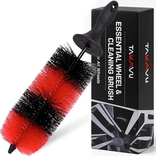 (Upgraded) TAKAVU Premium Wheel & Tire Brush, Long Bristle Detailing Brush for Effortless Rim & Tire Cleaning, Non-Slip Handle, Built-in Knuckle Guard, Deep Reach for Brake Dust & Dirt Removal (Red) - color: Red & Black - Big Brush