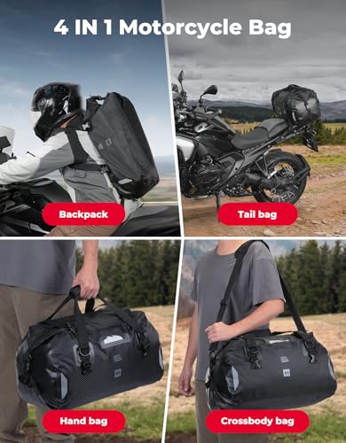 KEMIMOTO Waterproof Motorcycle Dry Bag – Duffle Tail Bag Soft Luggage, 25L/40L/65L Large Capacity with 4 Quick-Release Straps, Dustproof for Touring, Adventure, Motorcycling & Camping Black - size: 65L