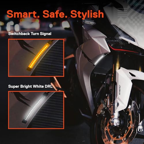 TRUE MODS 2pc 5" LED Motorcycle Front Fork Switchback Cold White DRL Running & Amber Turn Signal Light Strip Kit [Waterproof] [Blinker] Flexible Self Adhesive Universal Surface Mount for UTV ATV Bike - size: 2pc 5", style: Running Light w/ Amber Turn