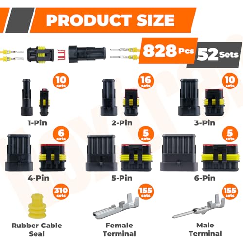 828Pcs 52 Sets Waterproof Automotive Electrical Wire Connectors with Ratcheting Wire Crimper, 1/2/3/4/5/6 Pin Plug Connectors Kit Water proof Connector